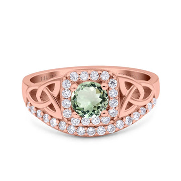 14K Rose Gold 0.69ct Round Art Deco 5mm G SI Natural Green Amethyst Diamond Engagement Wedding Ring Size 6.5
